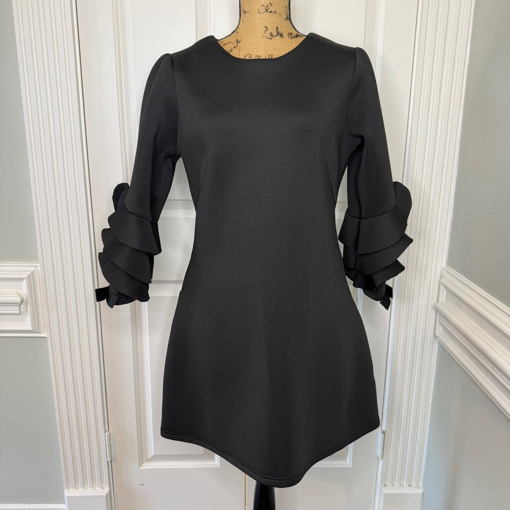 WHY Dress Black Ruffle Tiered Sleeve Mini Dress Bow Detail D170119A Size M NWT‎
